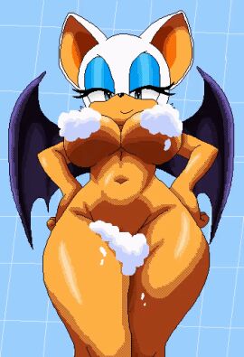 1girls animal_ears animated animated_gif anthro bat_ears bat_wings big_thighs breasts censored censored_nipples chunkiroll closed_mouth convenient_censoring eyelashes eyeshadow female female_anthro gif green_eyes hands_on_hips huge_breasts looking_at_viewer navel nude pixel_art rouge_the_bat shower smile soap_bubbles solo sonic_(series) standing thick_thighs thighhighs thighs twitter twitter_link wings
