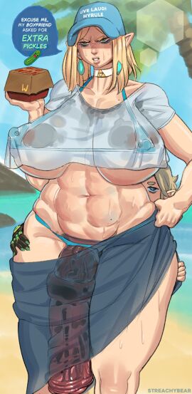 1boy 1futa 2024 abs angry animal_genitalia_on_humanoid areolae ass balls beach belly big_breasts big_penis bikini blonde_hair blue_eyes breasts clothed clothing dialogue elf elf_ears elf_futa english_text female flaccid futa_focus futanari grabbing_waist hiding_behind_another holding_onto_partner horsecock horsecock_futa horsecock_on_humanoid huge_cock huge_nipples humanoid intersex larger_futa light-skinned_futa light-skinned_male light_skin link link_(breath_of_the_wild) male milf mostly_nude nintendo nipple_bulge nipple_piercing nipples nipples_visible_through_clothing ocean penis penis_out piercing princess_zelda sand size_difference slightly_chubby smaller_male solo_focus standing stomach streachybear sweaty talking_to_viewer tears_of_the_kingdom text the_legend_of_zelda the_legend_of_zelda:_breath_of_the_wild the_legend_of_zelda:_tears_of_the_kingdom thick_thighs veiny_penis venus_body venus_futa wide_hips zelda_(tears_of_the_kingdom)