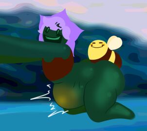 all_fours anthro arthropod bee blue_background bodily_fluids brown_clothing clothing cum cum_inside cumflation duo elemental_creature female flora_fauna genital_fluids glistening glistening_body green_body green_skin hailey_png hi_res hymenopteran inflation insects lyssa_(hailey_png) male male/female plant pollination purple_petals simple_background smug_grin stomach_bulge