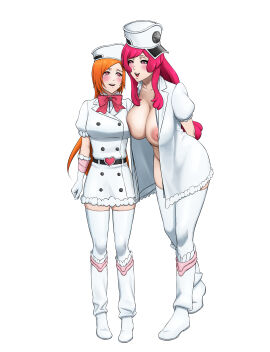 2girls bleach bleach:_the_thousand-year_blood_war blush breasts costume_switch dressing enemy_conversion exposed_breasts female fully_clothed hair_ornament hat hypnosis inoue_orihime male meninas_mcallon multiple_females multiple_girls nipples open_shirt orange_hair partially_clothed pepe_waccabrada pink_hair smiling unseen_male