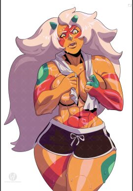 abs annoyed_expression body_markings booty_shorts breasts female horns jasper_(steven_universe) krezniverse large_breasts long_hair muscular muscular_female orange_body post-workout solo solo_female solo_focus steven_universe steven_universe_future sweat sweating topless topless_female towel towel_around_neck white_hair