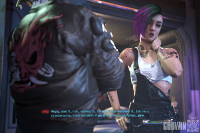 1boy 1girls 3d caption clothed comic comic_page cyberpunk_(series) cyberpunk_2077 embarrassed female godwin green_hair jacket judy_alvarez male neroxliv overalls purple_hair safe_for_work sfw shy subtitled talking tanktop tattoo tattoos v_(cyberpunk_2077) vincent_(cyberpunk_2077)