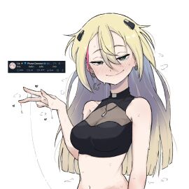 blonde_hair blush breasts collared_halterneck crop_top female hair_between_eyes hair_ornament hairclip highres long_hair looking_at_viewer medium_breasts multicolored_hair phase_connect pussy pussy_juice rinkou_ashelia rinkou_ashelia_(lia_1.0) sexually_suggestive smile solo sweat tweet twitter twitter_screenshot virtual_youtuber white_background zlix0n