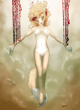 4_toes anthro areola bodily_fluids breasts canid canine corpse death digital_media_(artwork) feet female female_death fingers fox frostbite80_(artist) fur genitals gore hair hi_res leaking_blood mammal mutilation nipples non-human_areolae nude pussy self_mutilation simple_background solo tail toes underwater water wounded