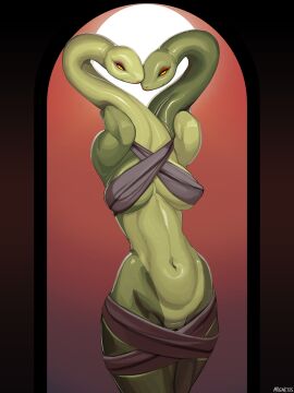 2024 2_heads adventure_time anthro barely_visible_genitalia barely_visible_pussy biped breasts cartoon_network digital_media_(artwork) eyeshadow female female_anthro genitals green_body hi_res life_(adventure_time) looking_at_viewer magnetus makeup multi_head multicolored_body navel non-mammal_breasts non-mammal_navel portrait pussy red_eyeshadow reptile scalie smile smiling_at_viewer snake solo three-quarter_portrait two-tone_body yellow_eyes