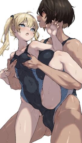 1futa 1girls big_breasts blonde_hair blue_eyes breasts brown_hair bulge carrying carrying_person clothed clothing competition_school_swimsuit dark-skinned_futa dark_skin dickgirl dry_humping duo female fully_clothed futa_on_female futa_with_female futanari gym_uniform height_difference highres human humping implied_futa intersex kei_(m_k) large_breasts light-skinned_female light_skin long_hair m_k multiple_females multiple_girls original red_eyes rika_(m_k) school_swimsuit short_hair simple_background size_difference standing sweat swimsuit tall tall_female tan tomboy