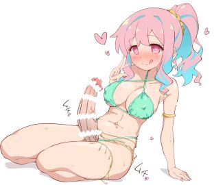 1futa :q armlet bare_shoulders belly_chain big_breasts big_penis bikini blue_hair blush bottomless breasts censored cleavage closed_mouth clothed clothing collarbone colored_inner_hair covered_nipples erection futa_only futanari green_bikini heart heart-shaped_pupils heart_censor high_ponytail highleg highleg_bikini highres hozuki_kaede huge_cock human intersex jewelry large_breasts light-skinned_futa light_blue_hair light_skin long_hair looking_at_viewer mostly_nude multicolored_hair navel nekono_matatabi onii-chan_wa_oshimai! penis pink_hair ponytail sidelocks sitting smile solo sweat swimsuit symbol-shaped_pupils thighs tongue tongue_out transgender_pride_colors two-tone_hair w