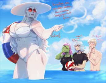 1boy 3girls all_for_one beach bikini bikini_bottom bikini_top blackberrehart blonde blonde_hair blue_hair cigarette cleavage female genderswap genderswap_(ftm) genderswap_(mtf) himiko_toga iguchi_shuuichi lizard lizard_girl lizard_humanoid long_hair male milf my_hero_academia older older_female pink_hair pubic_hair pubic_hair_peek red_eyes rule_63 scalie short_hair smoking spinner_(my_hero_academia) sunglasses swimsuit tomura_shigaraki white_hair