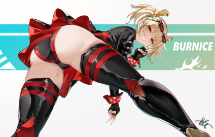 ass aviator_sunglasses baige0 bent_over black_gloves black_jacket black_panties black_skirt blonde_hair blush body_writing boots burnice_white cameltoe character_name commentary_request double_v eyewear_on_head female female_only fingerless_gloves from_behind gloves jacket leaning_forward long_hair long_sleeves looking_at_viewer paid_reward_available panties pussy red-tinted_eyewear red_eyes red_skirt signature skirt smile solo sunglasses tally thick_thighs thigh_boots thighs tinted_eyewear twintails two-tone_skirt underwear v zenless_zone_zero