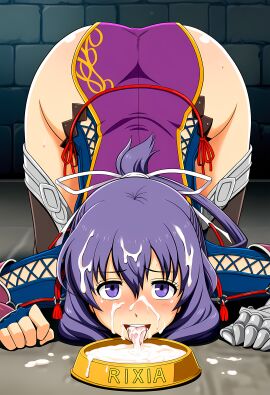 ai_generated big_ass cum_in_bowl cum_in_mouth cum_on_face drinking_cum eiyuu_densetsu gokkun nai_diffusion petplay rixia_mao