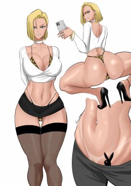 1girls android android_18 android_girl arms_behind_back artist_name artist_signature ass belly_button belly_button_piercing bigfro00 black_high-heels black_high_heels black_highheels black_skirt blonde-haired_female blonde_female blonde_hair blue-eyed_female blue_eyes bracelet bracelets choker cleavage clothed clothed_female clothing dragon_ball dragon_ball_super dragon_ball_z eyelashes female hands_behind_back heels high_heels leopard_print leopard_print_bikini leopard_print_panties lower_back_tattoo medium-haired_female medium_hair milf mother panties pantsless pantsless_female phone phone_in_hand pierced_belly_button playboy_bunny see-through_thighhighs selfie selfie_pose short_shirt short_skirt showing_panties skirt sleeves slut_tattoo smile smiling squatting squatting_female squatting_position stomach_tattoo tan tan-skinned_female tan_body tan_line tan_lines tan_skin tanline tanlines tattoo thigh_highs thighhighs thighs venomarts00 white_background white_choker white_shirt