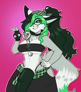 animal_genitalia animal_penis anthro bangs big_penis biped bottomwear breasts canid canine checkered checkered_clothing cleavage clothed clothing collar crop_top ear_piercing eixy equine_genitalia equine_penis eyelashes eyeshadow female female_(lore) fennec_fox fingerless_(marking) fingerless_gloves fingerless_gloves_(marking) fluffy fluffy_tail fox fur futa_anthro futa_only futanari gauged_ear genitals gloves gloves_(marking) green_body green_eyes green_fur green_hair grin hair hair_over_eye half-erect handwear headgear headwear herm hi_res inner_ear_fluff intersex intersex_anthro jewelry legwear long_hair makeup mammal markings medial_ring multicolored_body multicolored_fur multicolored_hair nails narrowed_eyes one_eye_obstructed original original_character pattern_clothing penis piercing plaid plaid_clothing sheath shirt simple_background smile snout solo solo_futa spikes standing sushimi tail teeth teeth_showing thick_thighs thong tools topwear true_fox tube_top tuft two-tone_body two-tone_fur two-tone_hair two-tone_tail underwear wavy_hair wide_hips wrench