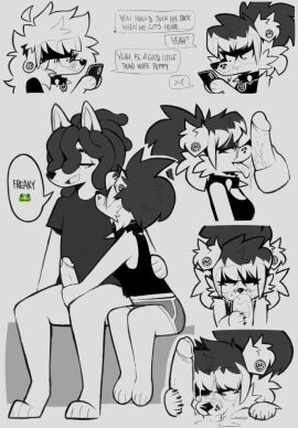 alternative_fashion anthro athletic athletic_wear bodily_fluids bottomless bottomless_anthro bottomless_male bottomwear bracelet canid canine canis cheek_tuft clothed clothing collar cum cumshot devin_(yungyiff) dialogue domestic_dog dreadlocks ear_piercing ejaculation english_text eyewear facial_tuft fangs fellatio female floppy_ears furry gauged_ear genital_fluids genitals german_shepherd ghost_(juicyghost) glasses goth greyscale gym_bottomwear gym_shorts handjob herding_dog jewelry juicy_(juicyghost) juicyghost licking male mammal monochrome open_mouth open_smile oral oral_penetration orgasm pastoral_dog penetration penile penis penis_lick piercing poodle sex shirt shorts smile speech_bubble spiked_bracelet spiked_collar spikes tank_top teeth text tongue topwear trans_woman transfem tuft