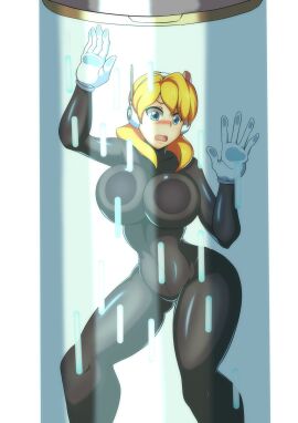 1girls alia big_breasts blonde_hair blue_eyes blush boob_window breasts breasts_on_glass female kotatuman_dash mega_man mega_man_x mega_man_x_dive robot_girl white_background white_gloves