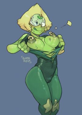 blattarieva breasts female gem_(species) licking_lips nipple_piercing nipple_rings nipples peridot_(steven_universe) piercing steven_universe sweat sweatdrop sweaty tearing_clothes torn_clothes