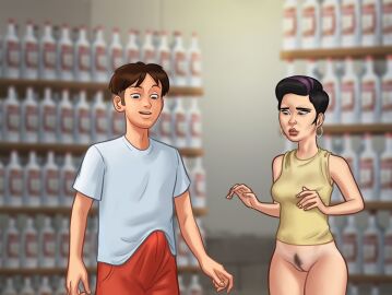 1boy 1girls 2d black_hair bottomless brown_hair bulge bulge_through_clothing clothed clothing darkcookie digital_drawing_(artwork) digital_media_(artwork) erect_penis erection female half-dressed half_naked horny horny_male khadne_(summertime_saga) light-skinned_female light_skin looking_at_partner looking_at_penis looking_down main_character_(summertime_saga) male male/female nervous penis pubic_hair pussy pussy_lips russian russian_female smile smiling standing summertime_saga tank_top two-tone_hair vagina worried worried_expression