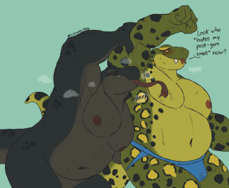 2024 after_exercise anthro armpit_fetish armpit_lick armpit_musk armpit_play armpit_sniffing ass belly biceps blue_background blue_clothing blue_jockstrap blue_underwear blush bodily_fluids breath chest_lick closed_eyes clothed clothing cosmictail dialogue duo fist forearm_muscles forked_tongue hi_res jockstrap jockstrap_only komodo_dragon licking lizard male male/male monitor_lizard musclegut muscles muscular muscular_legs musk musk_clouds navel nipple_fetish nipple_lick nipple_play nipples nude overweight panting pecs raised_arm reptile scalie simple_background slightly_chubby snake sniffing standing sweat sweatdrop text thick_thighs tongue topless triceps underwear underwear_only vinko_(cosmictail)