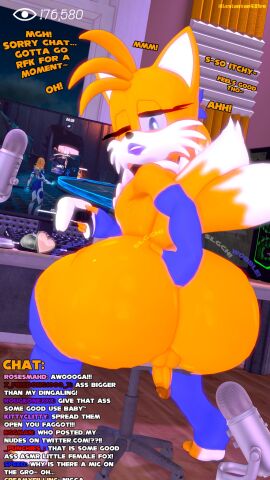 1boy 3d anthro armwarmer armwear ass barefoot blue_eyes butt_digging digging_up_in_they_ass eyelashes feet femboy feminine_tails fingering fingering_ass fingers_in_ass furry furry_only girly head_tuft huge_ass leviantan581re lipstick looking_back looking_pleasured male male_only marvel marvel_comics marvel_rivals microphone miles_prower moaning_in_pleasure mobian_(species) one_eye_closed onomatopoeia penis self_fingering small_penis solo sonic_(series) sonic_the_hedgehog_(series) stream_chat streamer streaming tails tails_the_fox text thigh_high_socks toeless_legwear two-tone_fur