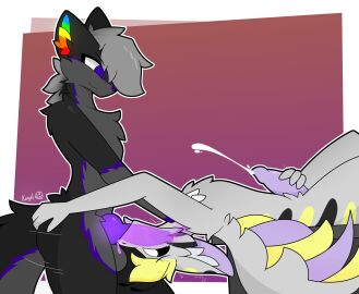 antennae_(anatomy) anthro arthropod bee black_markings black_sclera bodily_fluids bumble_(bumblederg) canid canine canis cum cum_inside cum_while_penetrated deepthroat dragon duo ejaculation fellatio fruit_(fruit-wolf) genital_fluids genitals glowing glowing_genitalia gradient_background grey_body grey_hair hair hi_res hybrid hymenopteran insects irrumatio keryel male male/male mammal markings masturbating_while_penetrated masturbation mythological_creature mythological_scalie mythology oral oral_penetration penetration penile penis purple_eyes purple_penis scalie sex simple_background throat_swabbing unusual_bodily_fluids unusual_cum unusual_genital_fluids wings wolf yellow_markings