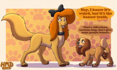 2d animal_genitalia anus ass bow brown_body brown_eyes brown_fur canid canine canine_pussy cocker_spaniel collar dialogue dixie_(fox_and_the_hound) domestic_dog duo ears_down female female/female feral feral_only fluffy fluffy_ears fluffy_tail full_color futanari genitals hmdkoba intersex lady_(lady_and_the_tramp) lady_and_the_tramp long_ears looking_at_viewer looking_up mammal multi_nipple nipples pawpads paws pink_nipples pussy quadruped rear_view saluki shaded shading sighthound simple_background size_difference text the_fox_and_hound the_fox_and_the_hound_2