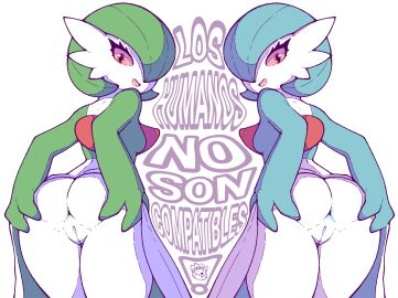 2d absurd_res anus ass breasts clothed clothing digital_media_(artwork) duo female female_focus female_only gardevoir generation_3_pokemon genitals green_hair hair hi_res humanoid humanoid_female humanoid_only looking_at_viewer looking_back nintendo not_furry nude open_mouth pokemon pokemon_(species) presenting presenting_anus presenting_ass presenting_pussy presenting_vulva pussy red_eyes sharalythesheep shiny_pokemon simple_background smile spanish_text text twitter_link vulva