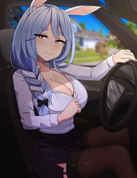 absurdres alternate_costume animal_ear_fluff animal_ears black_skirt blue_hair blush braid braided_ponytail breasts car_interior cleavage female highres hololive large_breasts long_hair looking_at_viewer mature_female multicolored_hair partially_unbuttoned pekomama pencil_skirt peps_art rabbit_ears rabbit_girl short_eyebrows skirt smile solo steering_wheel streaked_hair thick_eyebrows virtual_youtuber white_hair