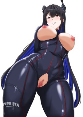 black_hair blue_hair bodysuit exposed_breasts exposed_pussy hololive hololive_english hololive_english_-advent- hopesodesirable horns long_hair nerissa_ravencroft red_eyes self_upload solo_female two_tone_hair virtual_youtuber vtuber wardrobe_malfunction