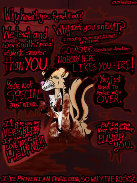 ableism ableist absurd_res ambiguous_gender anthro blood_puddle bodily_fluids claw_(weapon) claws crying dialogue english_text gore gore_focus heart_(anatomy) heart_(organ) hi_res jackrabbit_(artist) kneeling mammal melee_weapon mephitid organs self-harm signature skunk solo speech_bubble tears text vent vent_art weapon whiskers