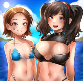 2girls beach bikini black_bikini black_hair blue_bikini blush brown_eyes brown_hair cloud cloudy_sky emi_(fighting_vipers) female fighting_vipers honey_(fighting_vipers) multiple_females multiple_girls navel ocean open-mouth_smile red_headband sega sky smile sticker_on_face sunny_day swimsuit unknown_artist unknown_source