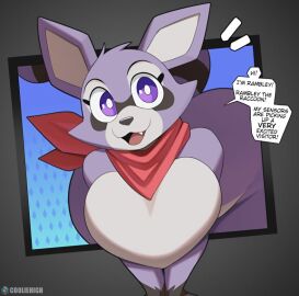 1girls 2024 2024s anthro big_breasts biped black_nose breasts cooliehigh crossgender cute_fangs dialogue english_text fangs featureless_breasts female female_focus female_only fur furry furry_female genderswap genderswap_(mtf) hi_res indigo_park looking_at_viewer mtf_crossgender open_mouth open_smile procyonid purple_body purple_eyes purple_fur raccoon raccoon_ears raccoon_girl raccoon_tail rambley_(indigo_park) rambley_raccoon red_scarf rule_63 scarf simple_background smile solo speech_bubble subscribestar_username tail text tongue toony two-tone_body two-tone_fur white_body white_fur