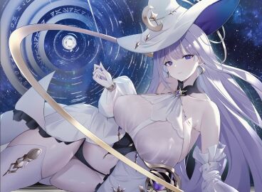 azur_lane bare_shoulders black_panties breasts cg closed_mouth crescent crescent_earrings crescent_hat_ornament detached_sleeves dress earrings female guichen_(azur_lane) hat hat_ornament huge_breasts jewelry large_breasts long_hair long_sleeves looking_at_viewer lying moon nail_polish navel on_side panties purple_eyes purple_hair purple_nails see-through smile solo star_(sky) thighhighs thighs underwear very_long_hair white_dress white_headwear white_thighhighs witch witch_hat