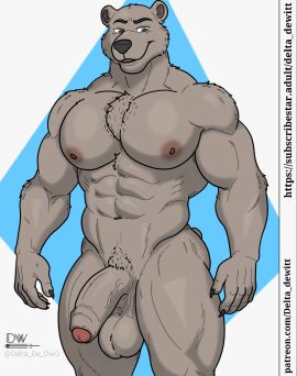anthro balls barazoku bear beastars brown_bear delta_dewitt digital_media_(artwork) fur genitals hi_res looking_at_viewer male mammal muscular muscular_anthro muscular_male nipples nude penis riz_(beastars) simple_background smile solo ursine