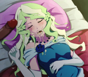 absurdres after_sex animeeru bare_shoulders bed blue_flower blue_rose blush braid breasts breasts_apart breasts_out clothes_pull cum cum_in_mouth cum_on_body cum_on_upper_body diana_cavendish dress dress_pull elbow_gloves facial female female_focus flower from_above gloves highres indoors jewelry little_witch_academia long_hair lying male masturbation multicolored_hair necklace nipples nose_blush off_shoulder offscreen_male on_bed open_mouth oral parted_lips pillow rose sleep sleep_molestation sleeping small_breasts solo two-tone_hair upper_body