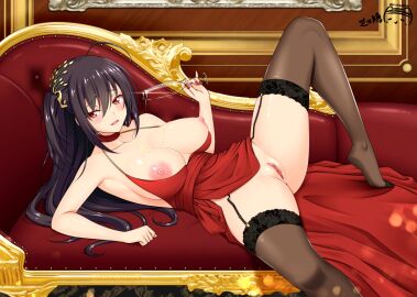 ahoge artist_name azur_lane bare_shoulders black_hair blush breasts choker cocktail_dress commentary dress feet female garter_belt garter_straps hair_ornament huge_breasts indoors large_breasts long_hair mixed-language_commentary nipples official_alternate_costume ppshex red_choker red_dress red_eyes solo taihou_(azur_lane) taihou_(forbidden_fruit)_(azur_lane) toes very_long_hair