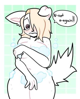 1girls 2d 2d_(artwork) 2d_artwork big_thighs blonde_hair blush curvy dog_girl female furry furry_only shower showering shypuppygf soap soap_bubbles soap_censor spiral_eyes text thick thick_thighs tile_wall wide_hips