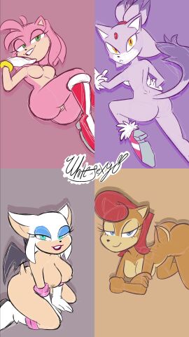 4girls amy_rose ass bedroom_eyes bent_over big_ass big_breasts blaze_the_cat blue_eyes boots bracelet bracelets breasts brown_fur elbow_gloves eyeshadow featureless_breasts female furry gloves green_eyes high_heels kneeling large_breasts lipstick looking_at_viewer mostly_nude mostly_nude_female multiple_females multiple_girls nipples nude nude_female orange_eyes pink_fur ponytail purple_fur pussy red_hair rouge_the_bat sally_acorn sega shoes smile sonic_(series) sonic_the_hedgehog_(archie) tail white_fur whitesexybunny1 wings