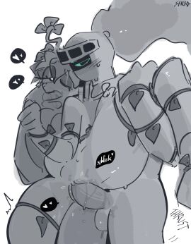 1female 1male bassie_(dandy's_world) dandy's_world female flowers flowers_on_head helmet helmet_covering_face leg_grab leg_up male male/female musshuwoo_(artist) penis penis_in_pussy pussy soulvester_(dandy's_world)