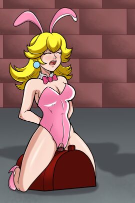 1girls arms_behind_back bare_legs bare_shoulders bare_thighs blonde_hair bondage bowtie breasts bunny_ears bunnysuit closed_eyes clothing dungeon earrings enslaved_royal female female_only femsub full_body high_heels human indoors mario_(series) nintendo pink_bunny_ears pink_bunnysuit png princess_peach riccardus97 royalty sex_slave slave sole_female solo squirming submissive_female sybian thighs vibrator