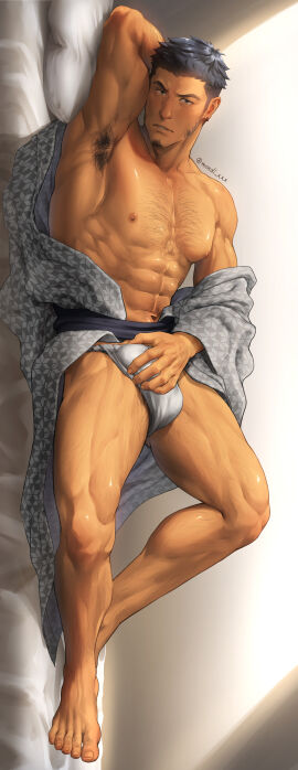 1boy abs absurd_res arm_hair armpit_hair armpits arms_up bara barefoot beard_stubble bed beefy biceps big_areola big_bulge black_eyes black_hair bulge bulge_through_clothing chest_hair daddy dakimakura dakimakura_design dilf feet fingernails frown fundoshi gay hand_behind_head hand_on_crotch hi_res holding_penis hunk kimono leg_hair legs_apart long_image looking_at_viewer lying lying_on_bed lying_on_side male male_only masculine_male mature_male mondi_xxx muscles muscular muscular_arms muscular_legs muscular_male muscular_thighs navel navel_hair open_clothes original original_character pantless pecs penis pillow pubic_hair quadriceps range_(mondi_xxx) rokushaku_fundoshi short_hair sideburns six_pack solo thick_eyebrows toenails toes topless tough_guy triceps very_high_resolution white_fundoshi yaoi yukata