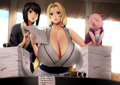 1animal 2girls absurdres alternate_breast_size animal bare_shoulders black_eyes black_hair blonde blonde-haired_female blonde_female blonde_hair bob_cut breast_focus breasts breasts_bigger_than_head brown_eyes busty chestnut_mouth cleavage clothed cloud collarbone deep_cleavage desk erkaz errorkazoo female female_only fingernails forehead_jewel front_heavy_breasts hair highres hokage hokage_office holding_object holding_paper huge_breasts human jewelry kimono lips massive_breasts mature mature_female milf multiple_females multiple_girls naruto naruto_(series) naruto_shippuden necklace open_mouth paper papers paperwork pig red_lips rosy_cheeks scroll shizune short_hair sky teacher_and_student tonton tsunade upper_body voluptuous