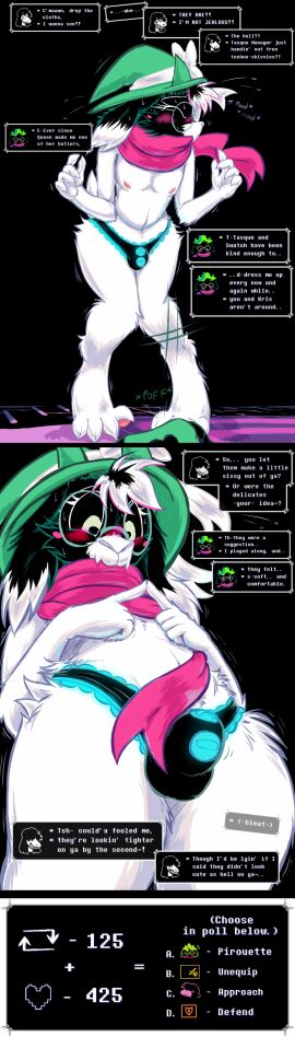 absurd_res anthro blush bodily_fluids bovid bulge caprine claws clothes_on_floor clothing deltarune dialogue dinosaur duo embarrassed english_text eyewear fangs female fluffy frilly frilly_clothing frilly_underwear frist44 fur glasses goat hat headgear headwear hi_res horn male male_focus mammal nipples panties pawpads ralsei reptile scalie scarf simple_background solo susie_(deltarune) sweat teeth text undertale_(series) underwear white_body white_fur white_ribbon wizard_hat