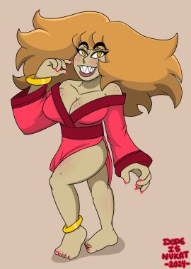 1girls bare_legs big_breasts big_hair breasts dopeisnukat feet female freckles kimono mizu_(dopeisnukat) original original_characters pink_nail_polish pink_nails pink_toenail_polish pink_toenails sharp_teeth toes yellow_eyes