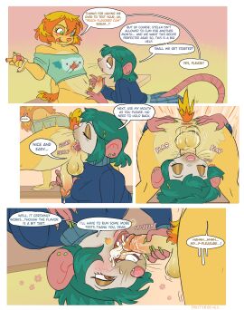 2025 absurd_res alice_(fruityhooves) anal anthro anus balls black_whiskers blue_clothing blue_sweater blue_text blue_topwear blush blush_lines bodily_fluids bottle bottomless bottomless_intersex bottomwear breasts brown_eyes buckteeth canid canine claws closed_eyes clothed clothing colored comic container crop_top cum cum_in_mouth cum_inside cumshot dialogue digital_drawing_(artwork) digital_media_(artwork) dripping duo ear_piercing ejaculation english_text face_fucking female flavored_cum flower food fruit fruityhooves fur furniture genital_fluids genitals green_claws green_eyes green_hair green_hairclip green_piercing grey_body grey_fur gynomorph hair handjob handjob_while_rimming hi_res holding_bottle holding_container holding_object holding_potion intersex intersex/female irrumatio leaking_precum licking mammal moan multicolored_hair multicolored_tail murid murine navel on_table oral orange_body orange_fur orange_text pattern_bottomwear pattern_clothing pattern_skirt peach_(fruit) penile penis penis_in_mouth piercing pink_anus pink_hands pink_nose plaid plaid_bottomwear plaid_clothing plaid_skirt plant plap_(sound) potion precum precum_drip print_clothing print_shirt print_t-shirt print_topwear rat reach_around rimming rodent rodent_ears rodent_tail saliva saliva_on_penis sex shirt short_hair short_tail signature skirt slurping sophie_(fruityhooves) speech_bubble spread_anus spreading stuttering swallowing sweater t-shirt table tail tan_body teeth text tongue tongue_out topwear unusual_bodily_fluids unusual_cum unusual_genital_fluids upside-down upside_down_fellatio whiskers white_speech_bubble