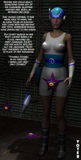 3d alien bare_shoulders belt boots breasts corruption dazed dc dc_comics female female_only femsub fingerless_gloves gloves high_heels original parasite pussy shorts solo starro superhero tank_top text vaginal_penetration voyer watermark weapon