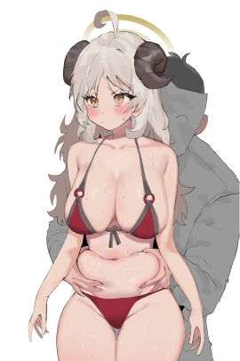 1boy 1girls :/ absurdres bikini blue_archive blush breasts chubby chubby_female doodle_sensei_(blue_archive) female gehenna_academy_student gourmet_research_society_(blue_archive) grabbing grey_hair groping_belly heavy_blush highres horns huge_breasts izumi_(blue_archive) izumi_(swimsuit)_(blue_archive) k8on looking_away male sensei_(blue_archive) simple_background sweaty sweaty_body swimsuit thick_thighs white_background white_bikini wide_hips yellow_eyes