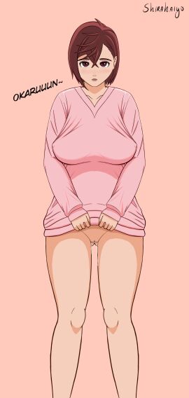 1girls ayase_momo body_fluids bottomless brown_hair dandadan female female_only looking_at_viewer no_panties pink_sweater pussy pussy_juice shirahaiyo short_hair solo solo_female standing sweater_lift