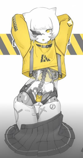 female high_quality horns machine no_panties one_eye_closed robot robot_girl skirt skirt_down translucent white_background white_hair white_skin yellow_eyes yellow_jacket_(clothing)