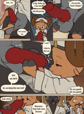 animal_genitalia animal_penis anthro antlers aroused balls boner canid canine canine_genitalia canine_penis canis clothed clothing coat comic deer dialogue doctor duo english_text erection foreplay gay genitals half-closed_eyes headgear headwear holding_penis hooves horn knot licking looking_down looking_up male male/male male_only mammal narrowed_eyes one_piece oral penile penis penis_lick sex sitting size_difference smile speech_bubble surprise surprised_expression teasing text throbbing_penis tito-tonton tongue tongue_out tony_tony_chopper topwear wolf yaoi