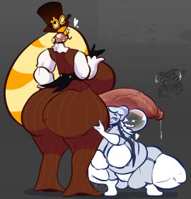 1futa 1girls 2d 2d_(artwork) ass back_view big_ass big_breasts big_penis blonde_hair blue_eyes bra breasts clothed clothing cookie_run cookie_run_kingdom cookie_run_ovenbreak dark-skinned_futa dark_skin dickgirl dickgirl/female doodle eyewear female frilled_jellyfish_cookie futa_on_female futanari gloves grey_background hat height_difference holding holding_ass hyper intersex moonrainum mostly_clothed mostly_nude orange_eyes pants penis squatting standing stockings timekeeper_cookie voluptuous