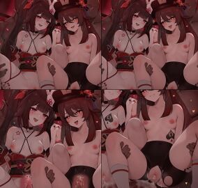 2boys 2girls absurdres ahe_gao bell black_choker black_hair black_hat black_nails black_shorts blush breasts censored choker closed_mouth commentary_request crossover cum cum_in_pussy cum_in_uterus dark-skinned_male dark_skin deep_penetration english_commentary female fingernails flower-shaped_pupils flower_tattoo fox_mask genshin_impact group_sex hat heart highres holding_hands honkai:_star_rail honkai_(series) hu_tao_(genshin_impact) m_legs male mask mask_on_head medium_breasts mihoyo mole mole_under_each_eye mole_under_eye mosaic_censoring multiple_boys multiple_females multiple_girls multiple_males multiple_moles multiple_views nail_polish neck_bell nipples obi open_mouth paid_reward_available penis porkpie_hat pussy queen_of_spades queen_of_spades_symbol rea_loixacra red_eyes red_nails red_sash reverse_suspended_congress sash sex shorts smile sparkle_(honkai:_star_rail) symbol-shaped_pupils tattoo tongue tongue_out torn_clothes torn_shorts trembling twintails x-ray
